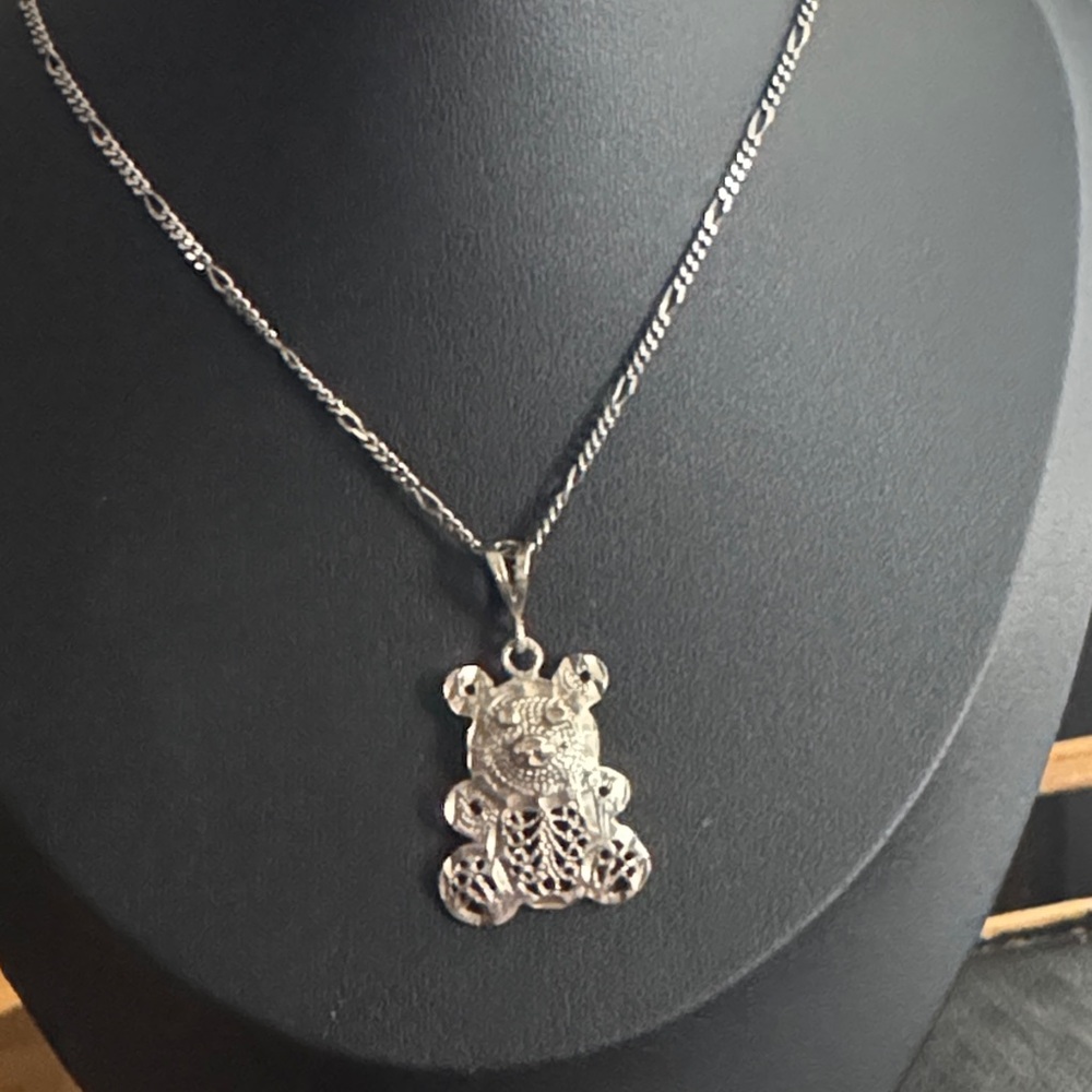 Sterling Silver Filigree Teddy Bear Pendant & Necklace